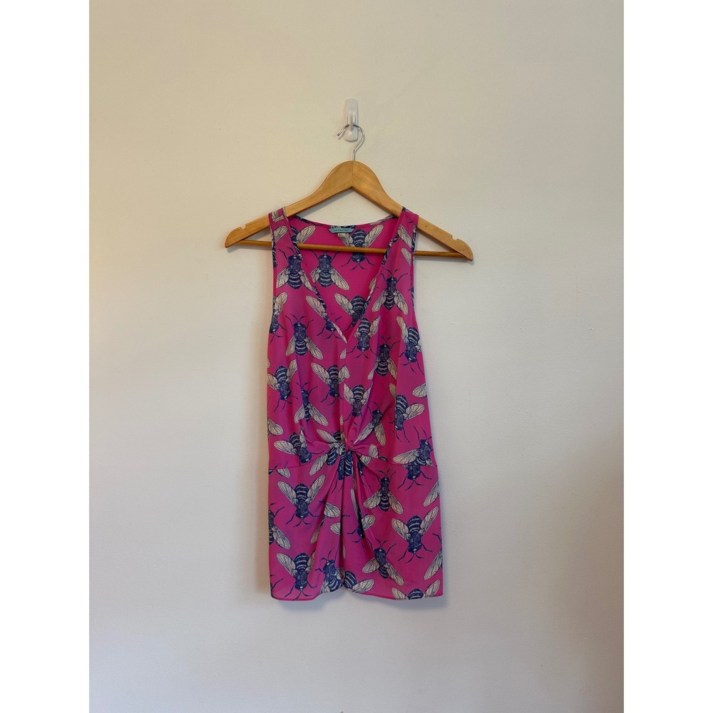 Leifnotes x Anthropologie Pink Silk Bee Print Twist Front Blouse | Size 4